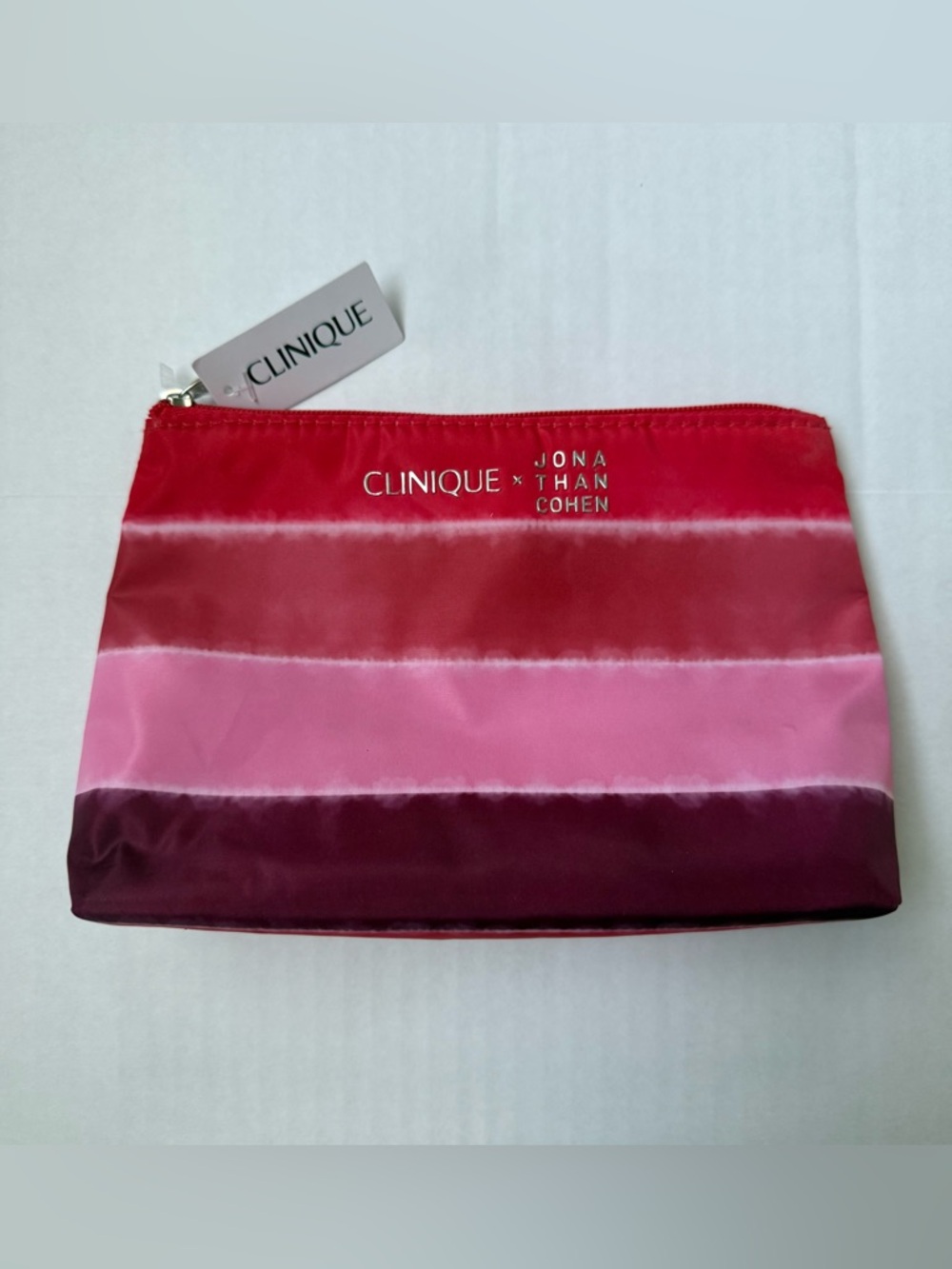 Clinique x Jonathan Cohen Zip Top Cosmetic Bag Red to Pink Ombre Striped